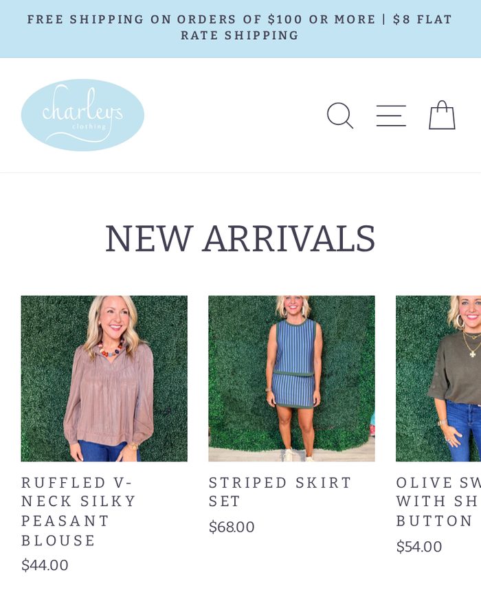 Charleys Clothing Shopify website homepage